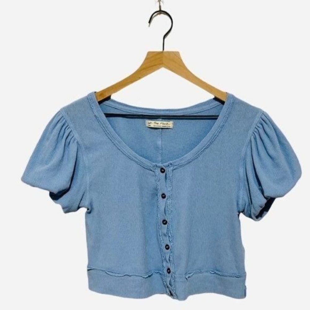 Free People We The Free Molly Ribbed Crop Top Blue Size S Puff Sleeve - Picture 2 of 10